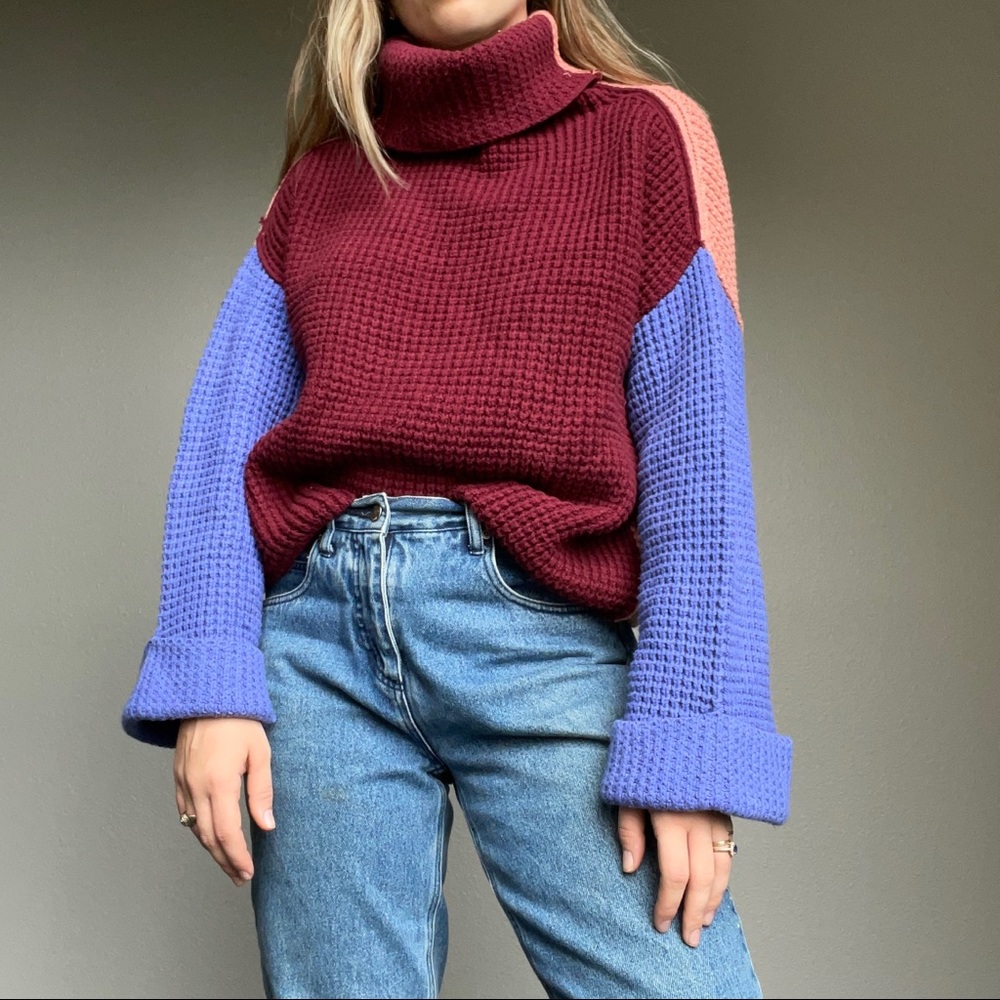 Free People Colorblock Cowl Neck Sweater in Burgundy, Lavender & Peach